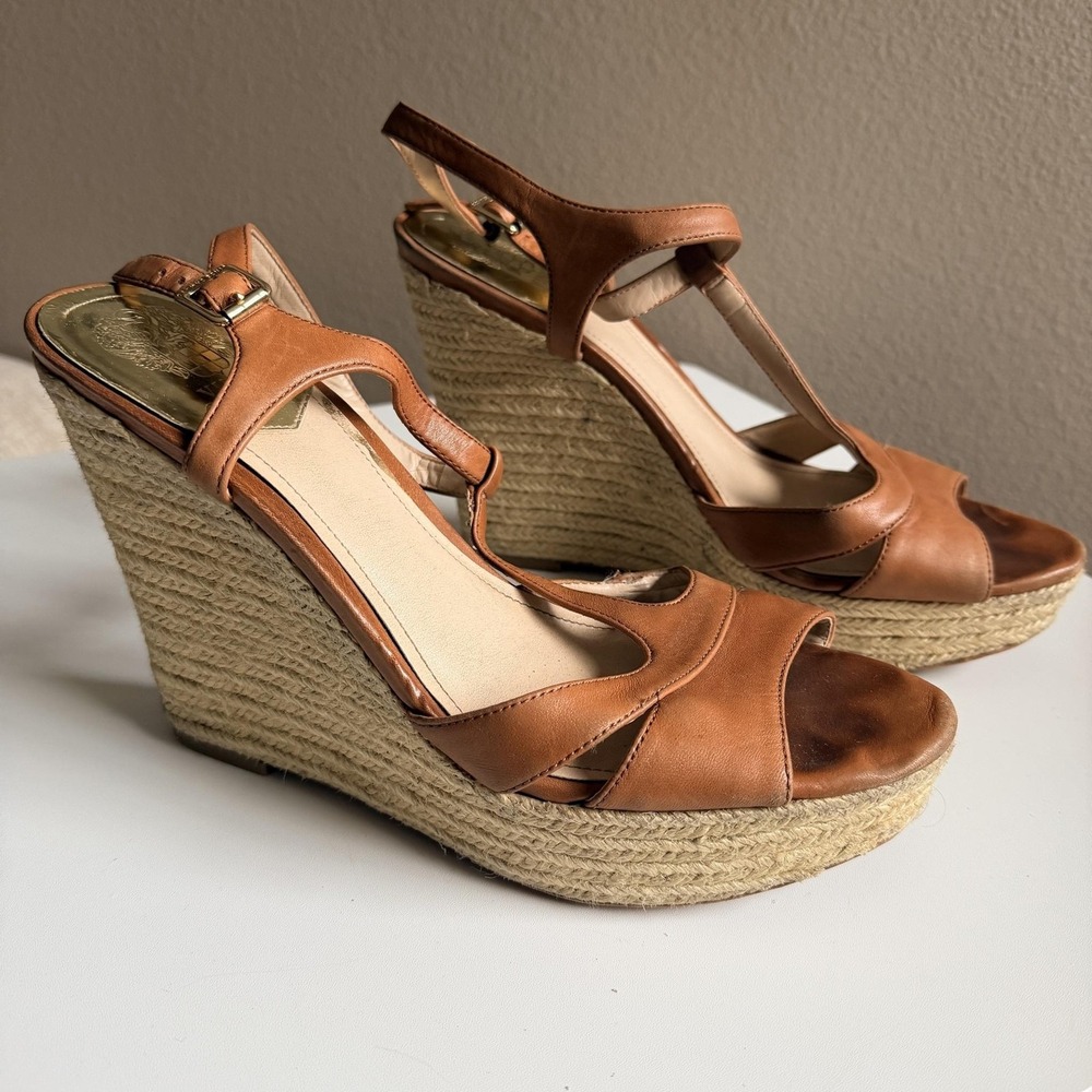 Vince Camuto Wedge Sandals Womens Size 11 Brown Leather Espadrille VC-INSLO2